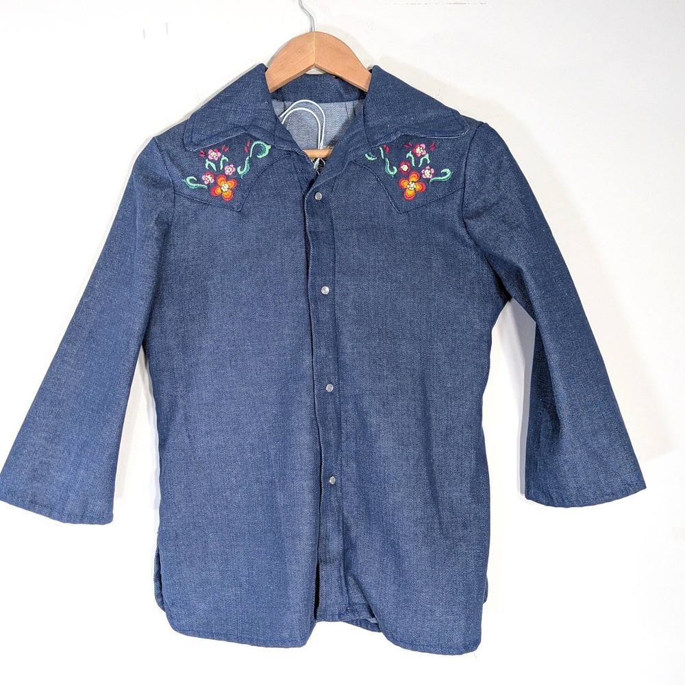 Handmade Vintage Western Shirt; Embroidered Floral Denim Snap Front Shirt